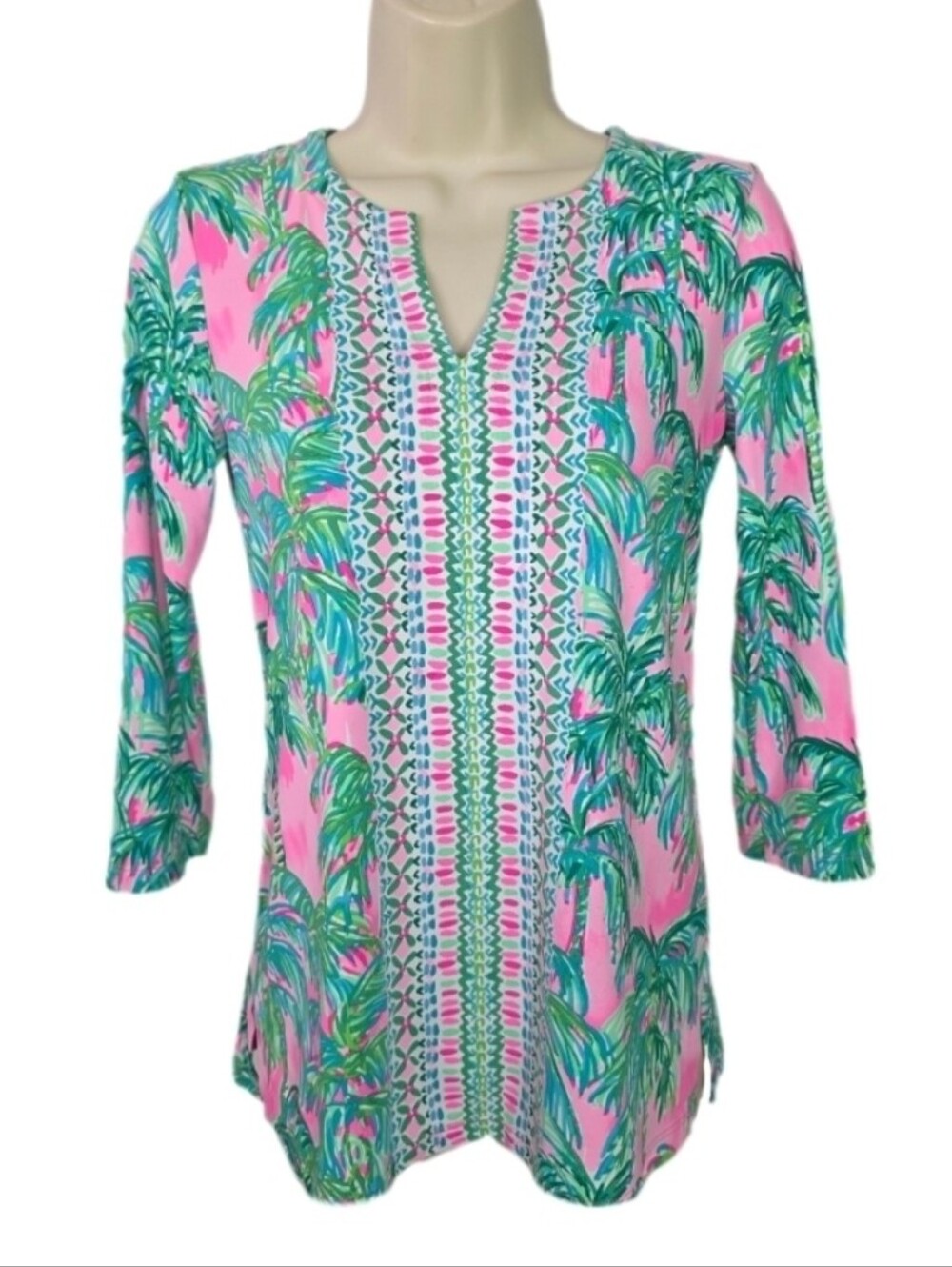 Lilly Pulitzer Top Karina Chilly Palm-Print V-Neck Bracelet Sleeve Green XXS - Picture 14 of 15